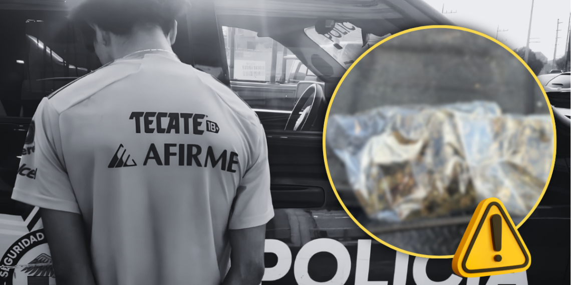 Officer in a TECATE/AFIRME shirt stands by a police vehicle; a blurry bag inside the car is highlighted with a yellow circle and warning icon.