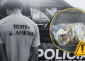 Officer in a TECATE/AFIRME shirt stands by a police vehicle; a blurry bag inside the car is highlighted with a yellow circle and warning icon.