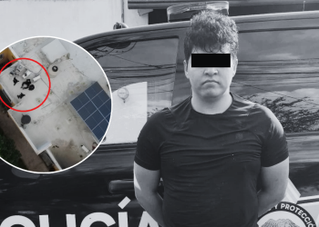 Arrested man in a black shirt with his eyes covered by a black bar, standing in front of a police vehicle with the word POLICIA visible; inset shows an overhead view of a rooftop scene circled in red