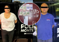 Two suspects stand beside a police vehicle during a drug-bust arrest; a circular inset shows cash, small bags of drugs, and a smartphone as evidence.