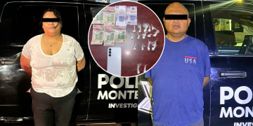 Two suspects stand beside a police vehicle during a drug-bust arrest; a circular inset shows cash, small bags of drugs, and a smartphone as evidence.