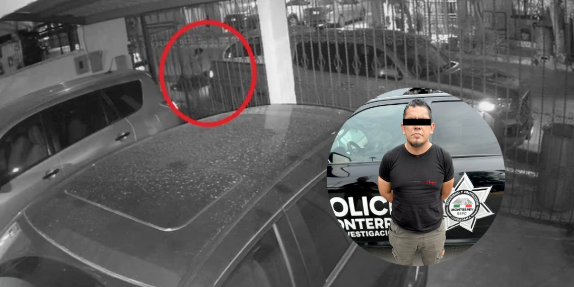 Surveillance image: a man near a gated entrance in a parking area, circled in red; a police vehicle is visible in the background; inset shows a man with eyes obscured beside a police SUV.
