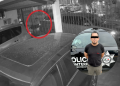 Surveillance image: a man near a gated entrance in a parking area, circled in red; a police vehicle is visible in the background; inset shows a man with eyes obscured beside a police SUV.