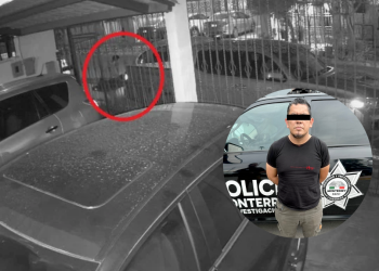 Surveillance image: a man near a gated entrance in a parking area, circled in red; a police vehicle is visible in the background; inset shows a man with eyes obscured beside a police SUV.