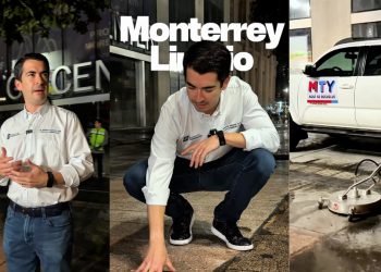 Three-panel scene of a man in a white shirt demonstrating street cleaning with a floor scrubber beside a MTY van in an urban setting.