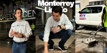 Three-panel scene of a man in a white shirt demonstrating street cleaning with a floor scrubber beside a MTY van in an urban setting.