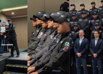 Collage showing a formal ceremony: uniformed officers receiving a certificate on stage, others seated in the middle panel, and a group photo with officials in front on the right.