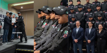 Collage showing a formal ceremony: uniformed officers receiving a certificate on stage, others seated in the middle panel, and a group photo with officials in front on the right.