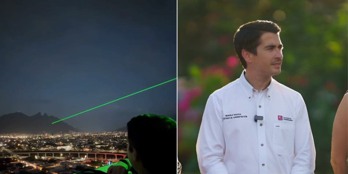 Two-panel scene: left panel shows a nighttime cityscape with a green laser beam crossing the sky; right panel shows a man in a white button-down shirt standing outdoors, looking to the side.