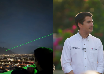 Two-panel scene: left panel shows a nighttime cityscape with a green laser beam crossing the sky; right panel shows a man in a white button-down shirt standing outdoors, looking to the side.