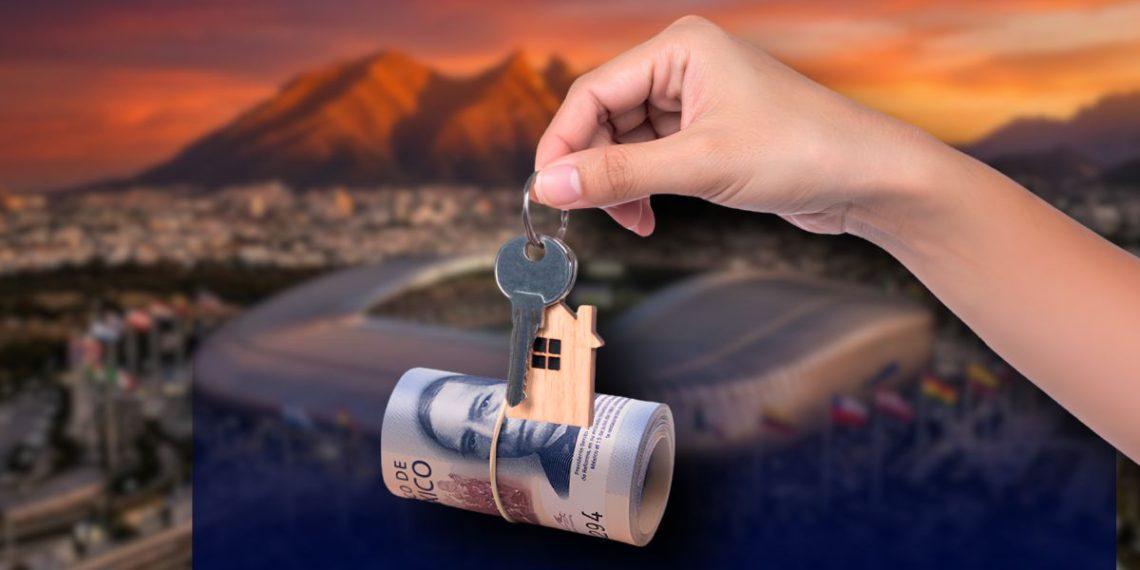 Hand holding a key with a small wooden house charm, suspended over a rolled banknote against a sunset city backdrop (home ownership/mortgage concept).